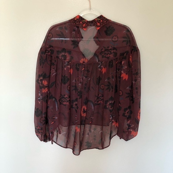 Sandro Blouse Red Sheer Floral Embroidered Collar 1 Small - Picture 2 of 7